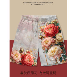牡丹花國花短褲男夏季富貴牡丹寬鬆直筒五分褲男女沙灘褲有大碼