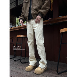 Entong美式高街cleanfit杏色微喇直筒牛仔褲男復古百搭顯瘦長褲子