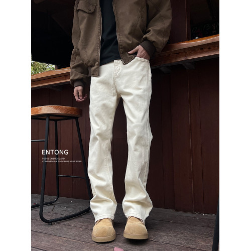 Entong美式高街cleanfit杏色微喇直筒牛仔褲男復古百搭顯瘦長褲子