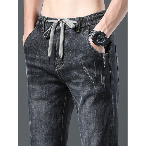 2025新款潮牌男士松緊腰彈力高級直筒加絨牛仔褲男修身秋冬長褲子