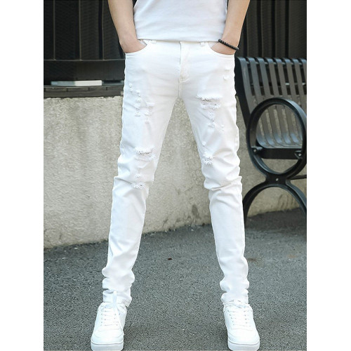男生白色牛仔褲男款破洞2026新款休閒褲子男春夏薄款修身小腳彈力