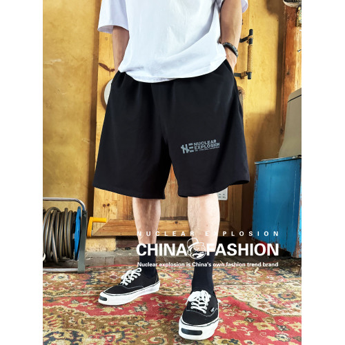 核爆炸寬鬆濶腿黑色西海岸奇卡諾全棉松緊腰大碼針織六分休閒短褲
