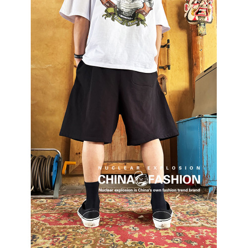 核爆炸寬鬆濶腿黑色西海岸奇卡諾全棉松緊腰大碼針織六分休閒短褲