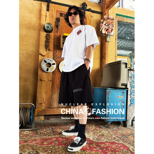 核爆炸寬鬆濶腿黑色西海岸奇卡諾全棉松緊腰大碼針織六分休閒短褲