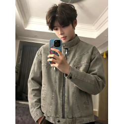 灰色拼接水洗牛仔外套男春季美式高街立領短款上衣哈靈頓工裝夾克