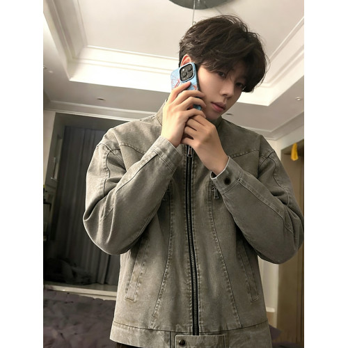 灰色拼接水洗牛仔外套男春季美式高街立領短款上衣哈靈頓工裝夾克