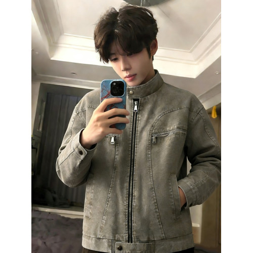 灰色拼接水洗牛仔外套男春季美式高街立領短款上衣哈靈頓工裝夾克