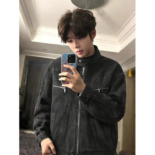 灰色拼接水洗牛仔外套男春季美式高街立領短款上衣哈靈頓工裝夾克