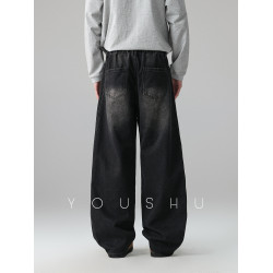 美式復古黑色水洗漸變直筒牛仔褲男春季新款潮牌寬鬆垂感長褲