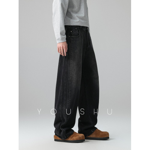 美式復古黑色水洗漸變直筒牛仔褲男春季新款潮牌寬鬆垂感長褲