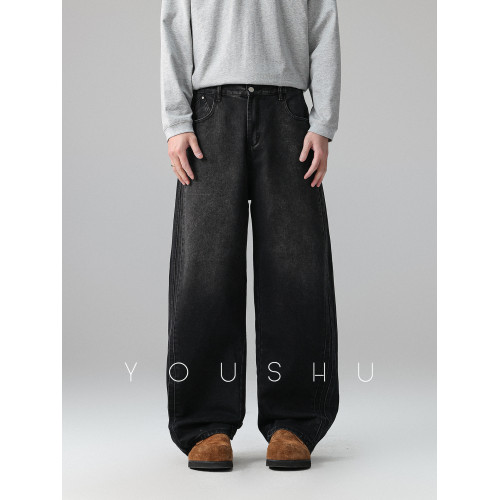 美式復古黑色水洗漸變直筒牛仔褲男春季新款潮牌寬鬆垂感長褲