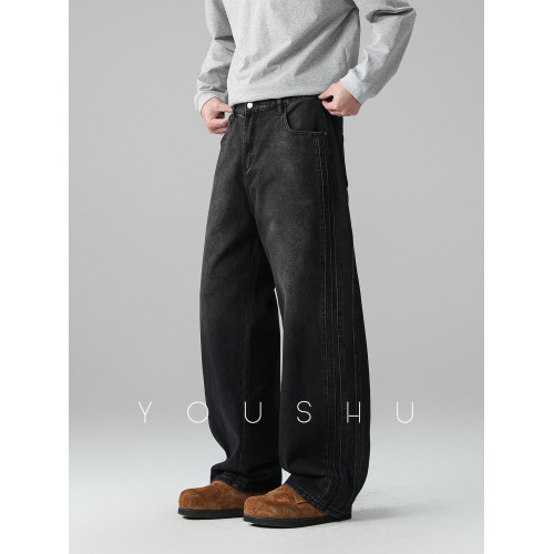 美式復古黑色水洗漸變直筒牛仔褲男春季新款潮牌寬鬆垂感長褲