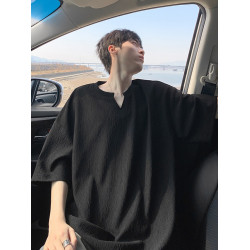 潮牌復古紋理感褶皺短袖T恤男夏季薄款加肥加大碼寬鬆涼感V領體恤