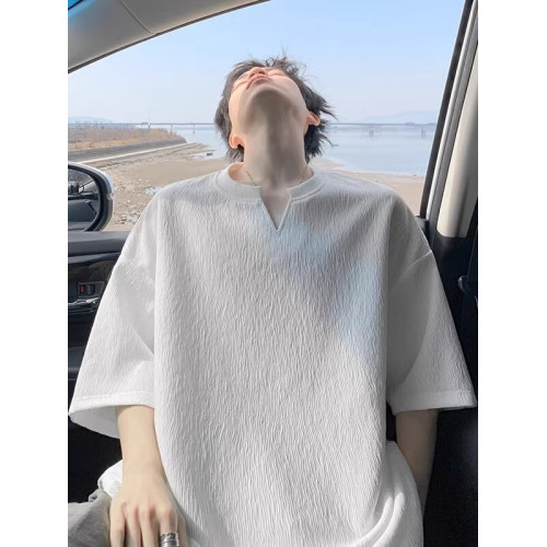 潮牌復古紋理感褶皺短袖T恤男夏季薄款加肥加大碼寬鬆涼感V領體恤