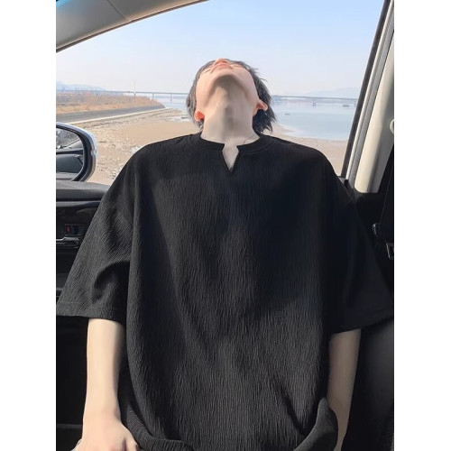 潮牌復古紋理感褶皺短袖T恤男夏季薄款加肥加大碼寬鬆涼感V領體恤