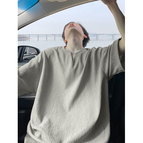 潮牌復古紋理感褶皺短袖T恤男夏季薄款加肥加大碼寬鬆涼感V領體恤