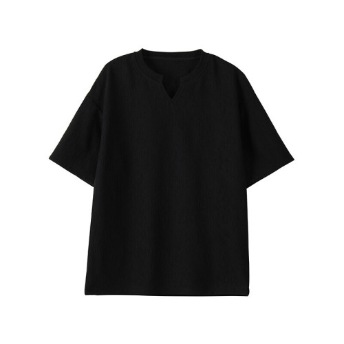 潮牌復古紋理感褶皺短袖T恤男夏季薄款加肥加大碼寬鬆涼感V領體恤