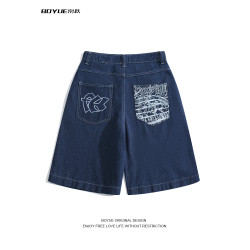 BOYUE帛躍設計感刺綉直筒牛仔短褲男美式高街潮流時尚ins五分褲男