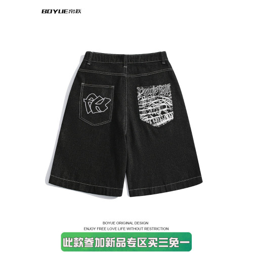 BOYUE帛躍設計感刺綉直筒牛仔短褲男美式高街潮流時尚ins五分褲男