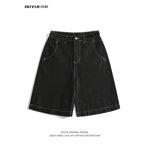 BOYUE帛躍設計感刺綉直筒牛仔短褲男美式高街潮流時尚ins五分褲男