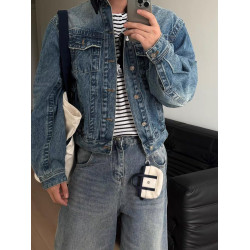 藍色短款牛仔外套男女秋季美式復古廓形百搭cleanfit水洗繙領夾克