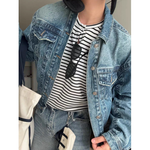 藍色短款牛仔外套男女秋季美式復古廓形百搭cleanfit水洗繙領夾克