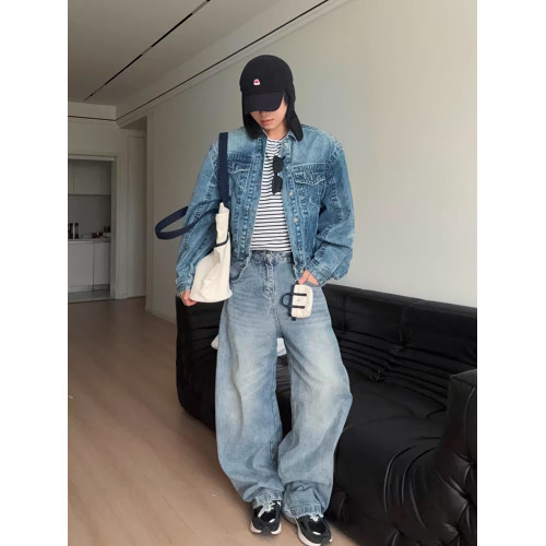 藍色短款牛仔外套男女秋季美式復古廓形百搭cleanfit水洗繙領夾克