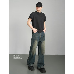 美式復古小衆做舊廢土風微喇牛仔褲男寬鬆濶腿cleanfit拖地長褲潮