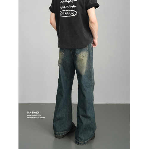 美式復古小衆做舊廢土風微喇牛仔褲男寬鬆濶腿cleanfit拖地長褲潮