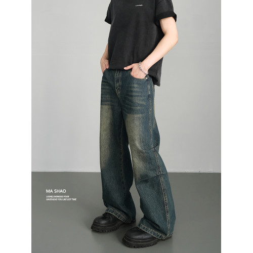 美式復古小衆做舊廢土風微喇牛仔褲男寬鬆濶腿cleanfit拖地長褲潮