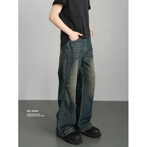 美式復古小衆做舊廢土風微喇牛仔褲男寬鬆濶腿cleanfit拖地長褲潮