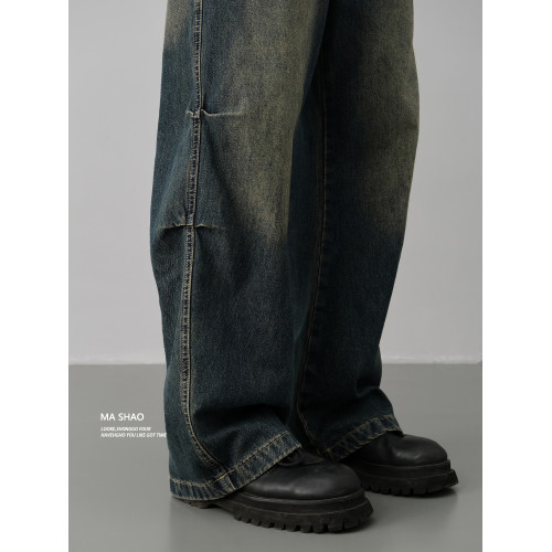 美式復古小衆做舊廢土風微喇牛仔褲男寬鬆濶腿cleanfit拖地長褲潮