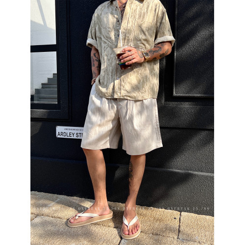 OXFREAK「老錢風 天絲亞麻」純色休閒短褲男薄款直筒寬鬆五分中褲