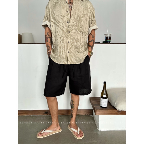 OXFREAK「老錢風 天絲亞麻」純色休閒短褲男薄款直筒寬鬆五分中褲