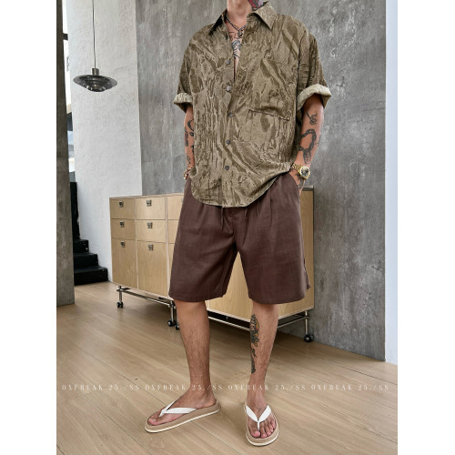 OXFREAK「老錢風 天絲亞麻」純色休閒短褲男薄款直筒寬鬆五分中褲