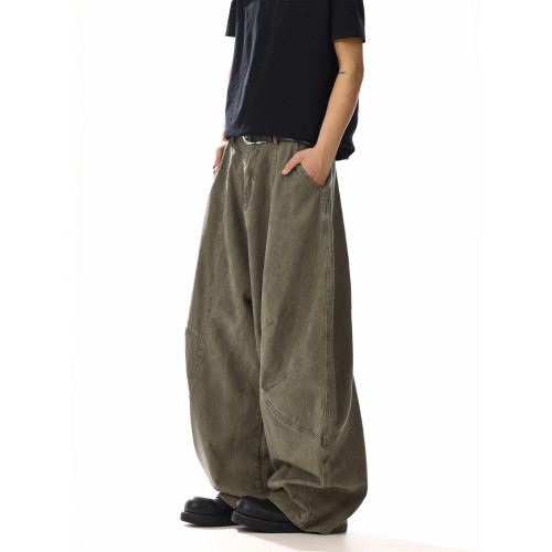 美式復古做舊水洗寬鬆彎刀褲男女痞帥高街寬鬆休閒直筒濶腿工裝褲