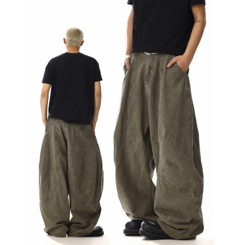 美式復古做舊水洗寬鬆彎刀褲男女痞帥高街寬鬆休閒直筒濶腿工裝褲