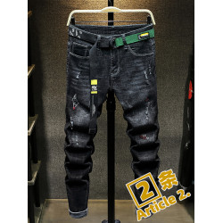 秋季新款潮牌破洞黑色新塘牛仔褲男士寬鬆直筒韓版潮流高彈力褲子