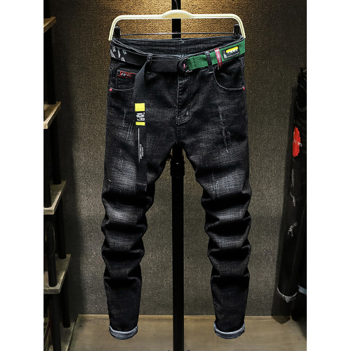 秋季新款潮牌破洞黑色新塘牛仔褲男士寬鬆直筒韓版潮流高彈力褲子