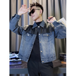 男士拼接pu皮牛仔外套高級感痞帥休閒繙領褂子春秋季新款休閒夾克