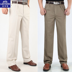 老爺車100%純棉雙褶休閒褲男士秋冬厚款中老年高腰寬鬆大碼爸爸褲
