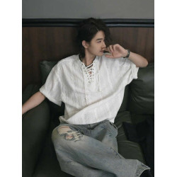 老錢風鏤空提花綁帶v領短袖男款夏季高級感痞帥t恤設計感小衆半袖