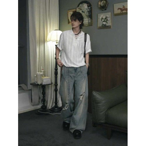 老錢風鏤空提花綁帶v領短袖男款夏季高級感痞帥t恤設計感小衆半袖