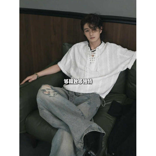 老錢風鏤空提花綁帶v領短袖男款夏季高級感痞帥t恤設計感小衆半袖