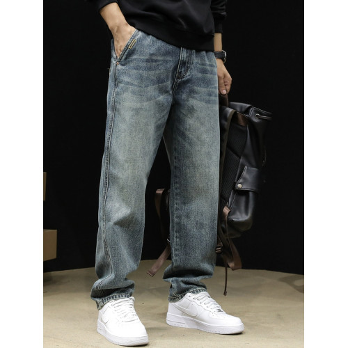 潮牌直筒牛仔褲男秋冬2025新款寬鬆大碼男士長褲錐形高級加絨褲子