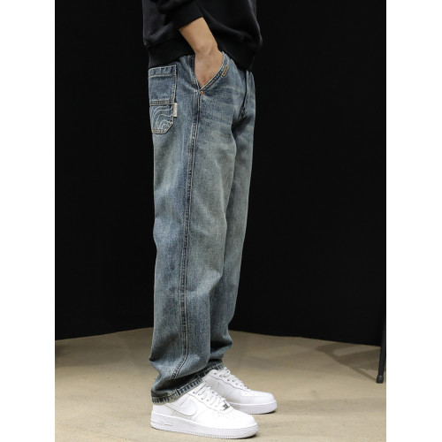 潮牌直筒牛仔褲男秋冬2025新款寬鬆大碼男士長褲錐形高級加絨褲子