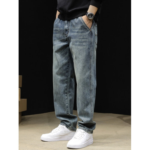 潮牌直筒牛仔褲男秋冬2025新款寬鬆大碼男士長褲錐形高級加絨褲子