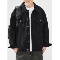 hansca美式水洗黑色牛仔外套男春季2025新款潮牌織嘜撞色寬鬆夾克