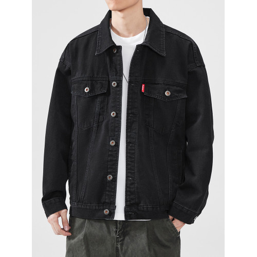 hansca美式水洗黑色牛仔外套男春季2025新款潮牌織嘜撞色寬鬆夾克