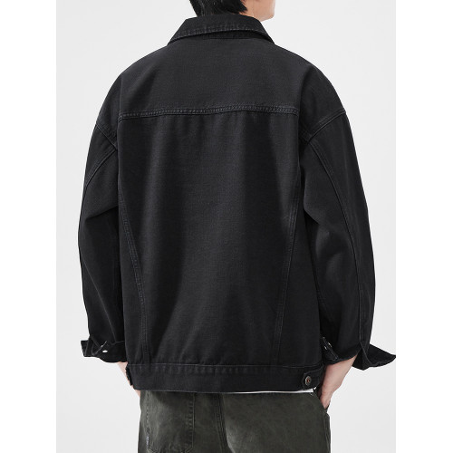 hansca美式水洗黑色牛仔外套男春季2025新款潮牌織嘜撞色寬鬆夾克